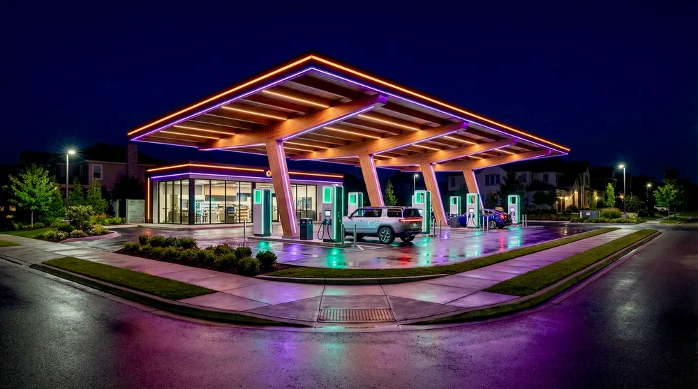 Concept rendering of a charging stop beneath an illuminated canopy at night