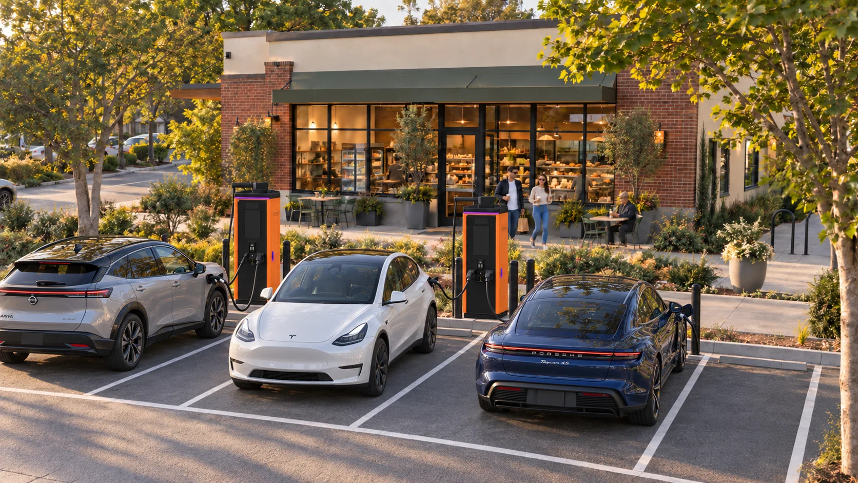 Concept rendering of electric vehicles charging beside a retail storefront with outdoor seating