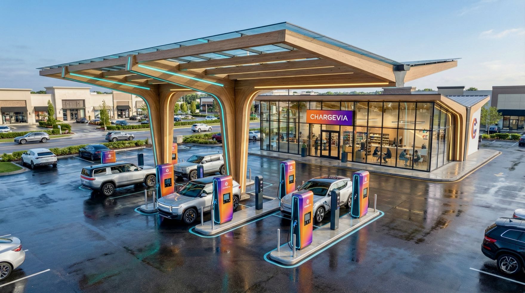 A ChargeVia charging canopy and store, concept rendering