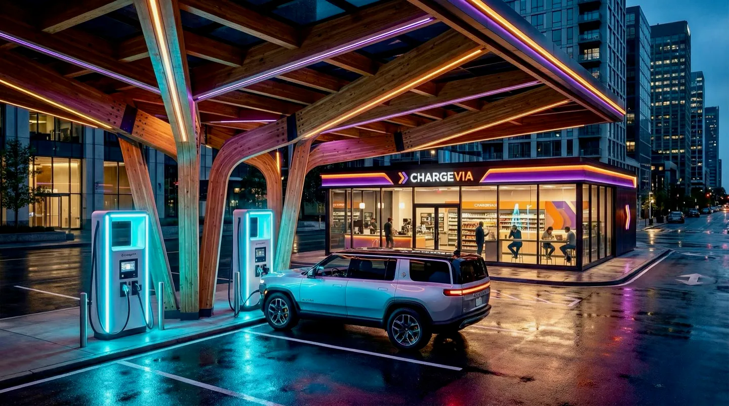 Concept rendering of a vehicle charging beside a storefront in an urban setting