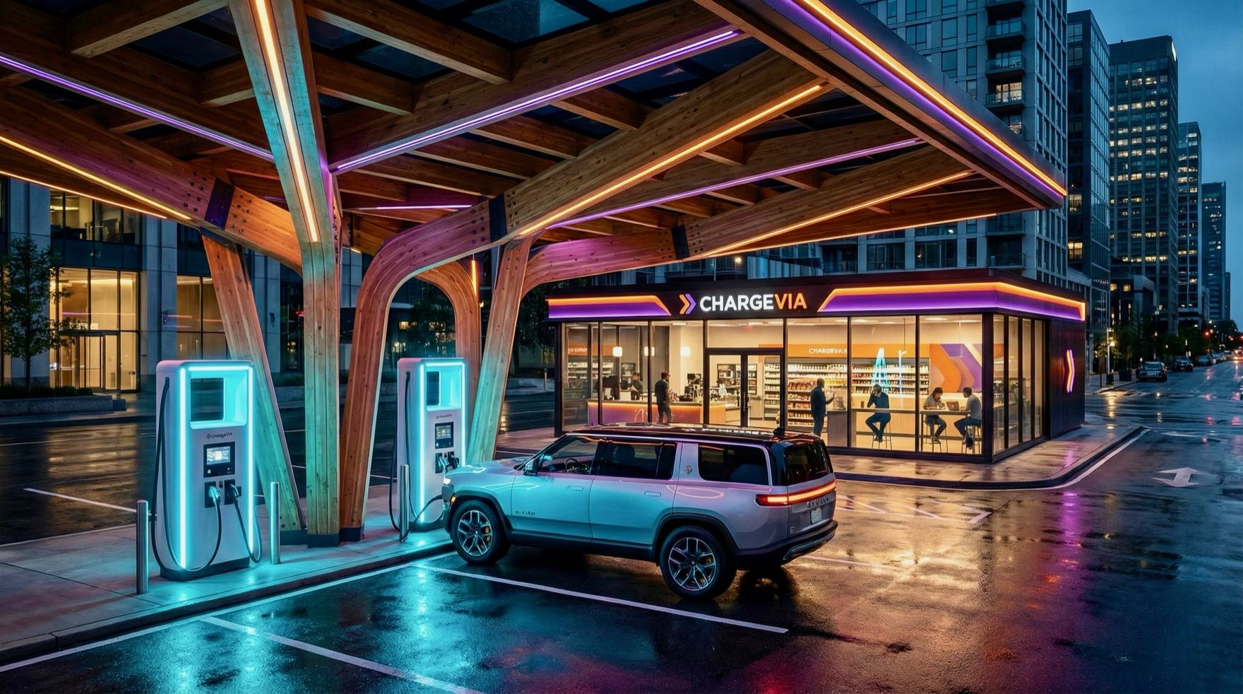 A ChargeVia urban charging stop lit at night, concept rendering